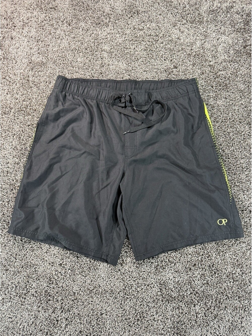 OP Ocean Pacific Swim Trunks Mens Large 36-38 Black Yellow Board Shorts Lined